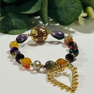 Elegant Gold and Multicolor Agate Stones Bracelet with Heart Charm